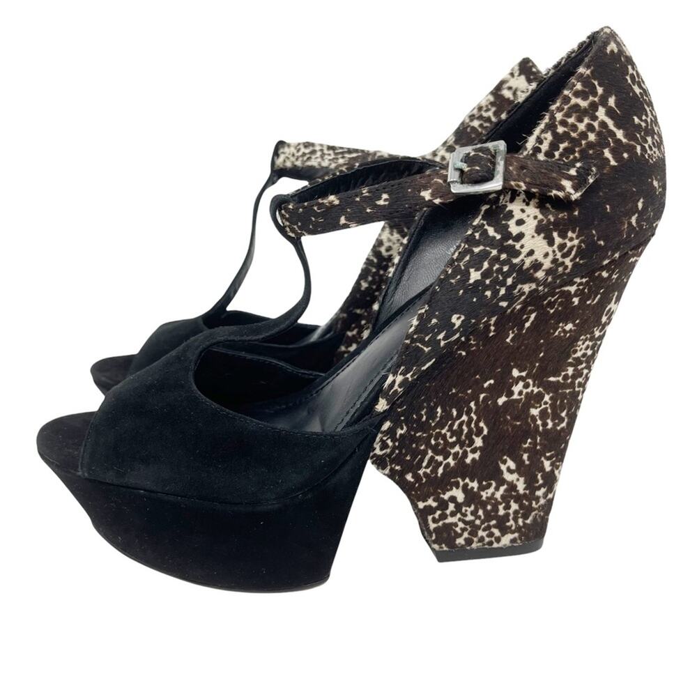 Rachel Zoe Suede and Ponyhair Animal Print Wedge Platform Shoes Size 8 Mob Wife